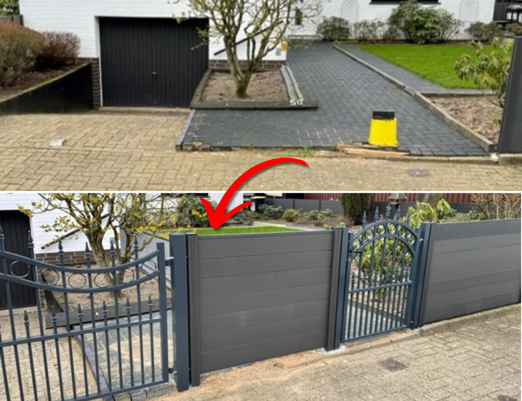 Vorher und nachher Bild eines Grundstücks mit neuem Zaun und Gartentor