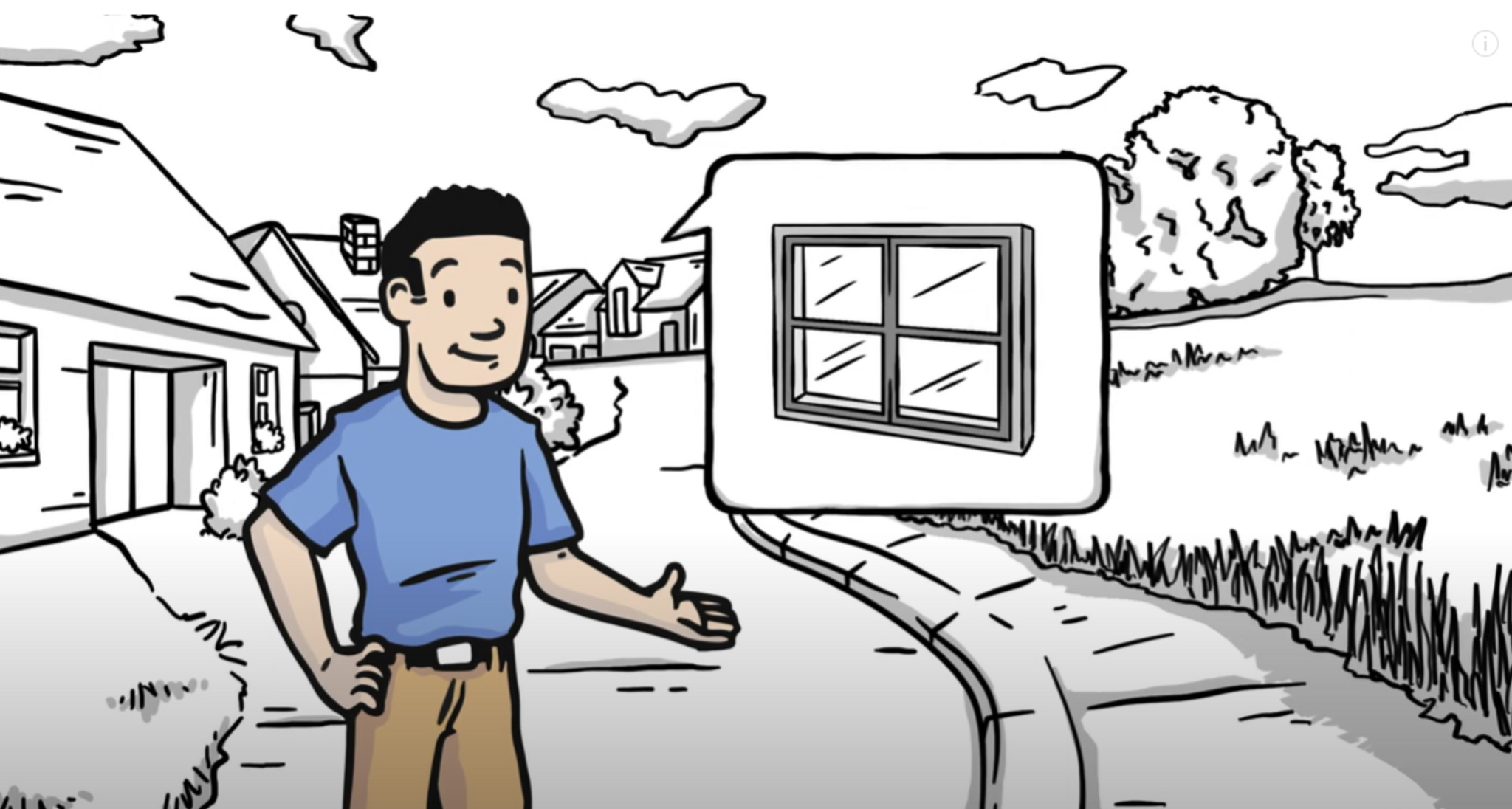 Eine männliche Cartoonfigur mit blauem T-Shirt und einer Sprechblase in der sich ein Fenster befindet